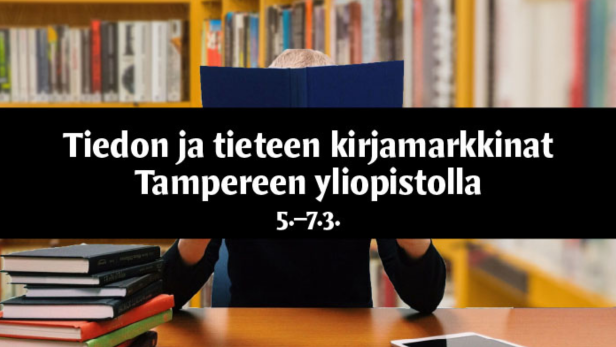 Kirjahylly taustalla ja teksti kirjamarkkinat Tampereella.
