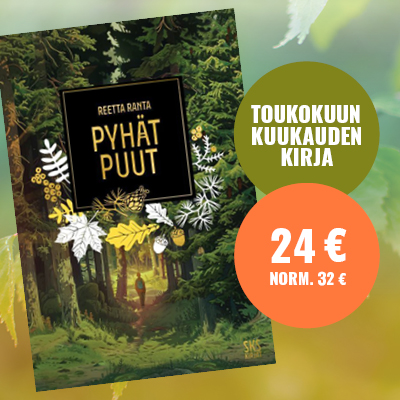 Kirjan kansi ja teksti kuukaudenkirja.