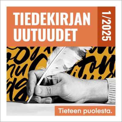 Tiedekirjan uutuudet 1/2025 ja käsi, jossa sulkakynä.