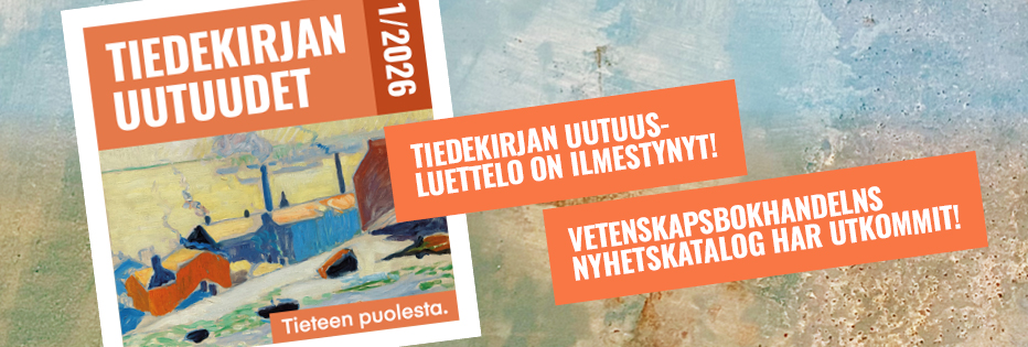 Uutuusluettlo on saapunut teksti värikkäällä pohjalla.