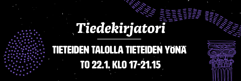 Tumma tausta ja teksti Tieteiden y&ouml;n&auml; Tietokirjatori.