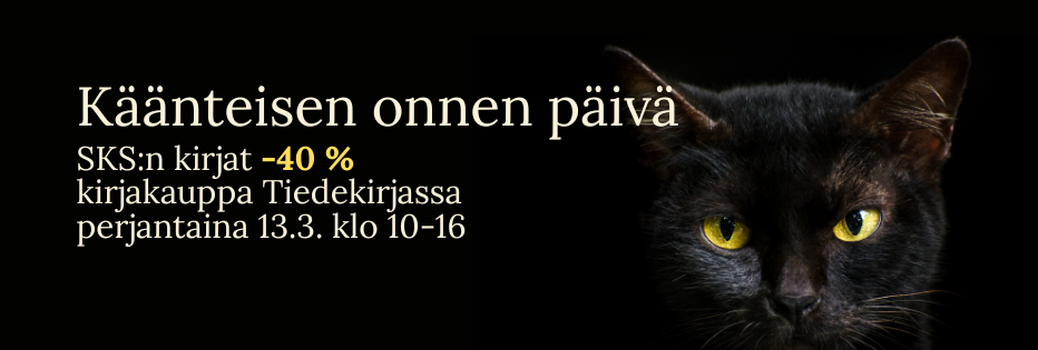 Musta kissa ja teksti k&auml;&auml;nteisen onnen p&auml;iv&auml;.