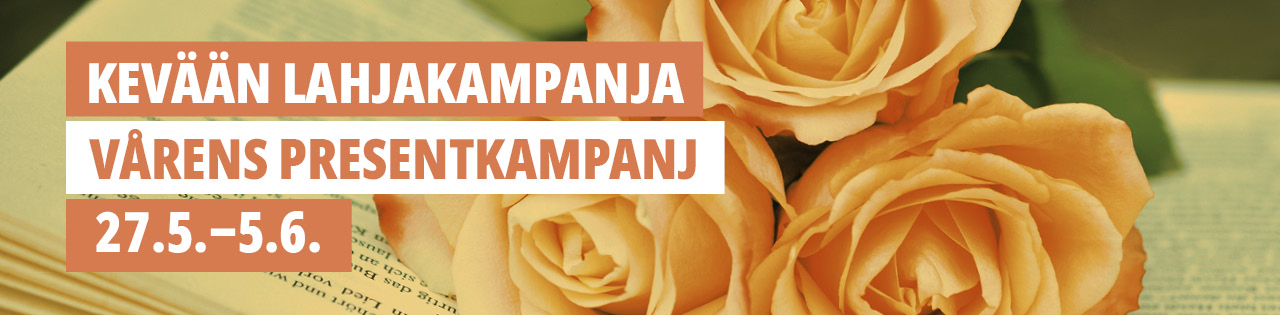 Kevään lahjakampanja-teksti ja kolme keltaista ruusua